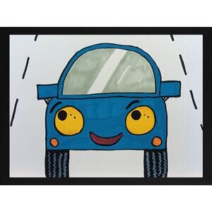 Kawaii Blue Car Driving Original 9x12 Inch OOAK Kids Nursery Acrylic Painting